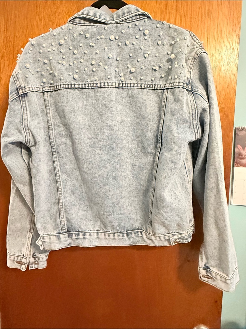 Light Wash Pearl Studded Denim Jacket - Women